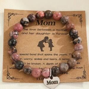 Mom Bracelet with Card From Daughter - Pink Zebra Jasper